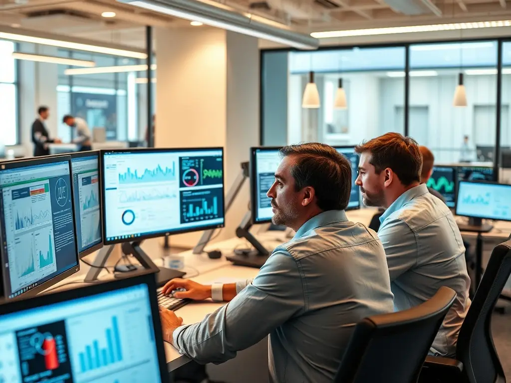 A focused image of data analysts working diligently in a modern office setting, surrounded by multiple monitors displaying sports data visualizations and analytical dashboards, emphasizing precision and expertise.