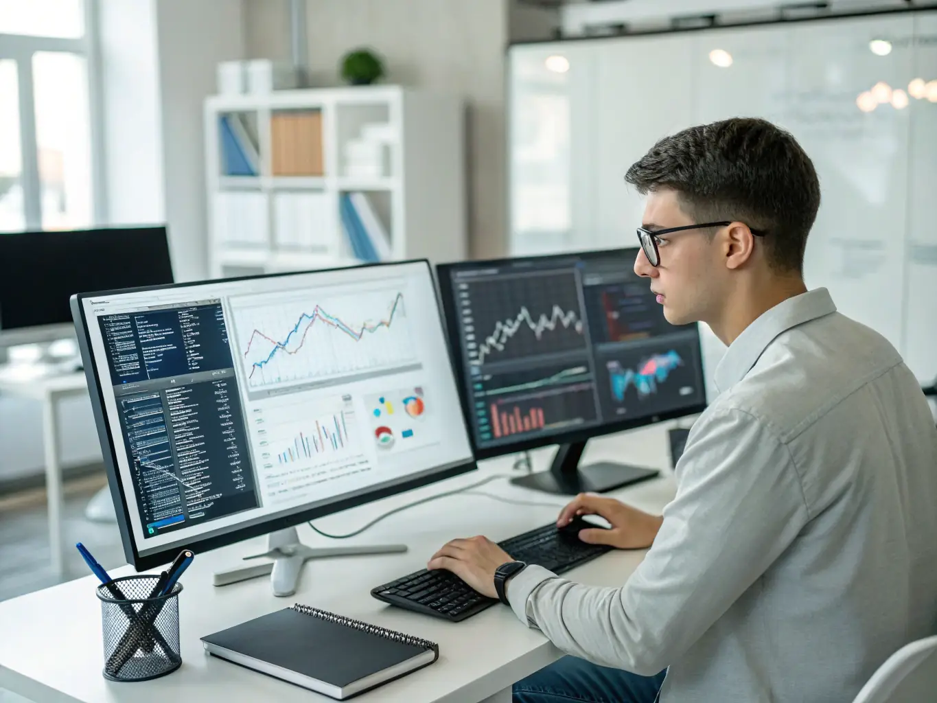 A dynamic image of a data analyst working with multiple screens displaying live sports data feeds, emphasizing real-time data analysis.