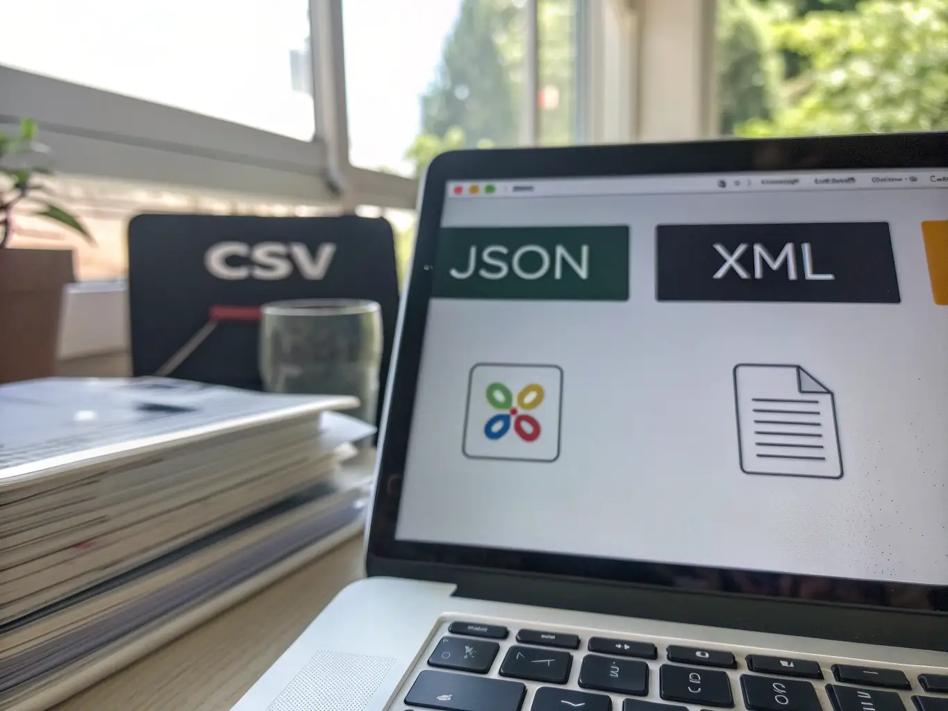 An image showing data being exported into various formats like CSV, JSON, and XML, illustrating flexible data delivery options.