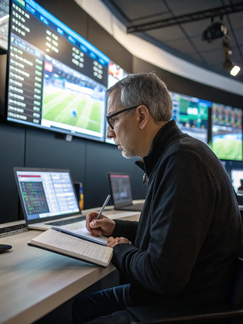 An image of a data analyst working with multiple screens displaying live sports data feeds, focusing on analytical data collection.