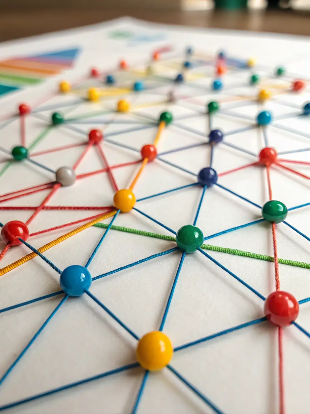 A complex network graph visualizing the flow of data through Tehas us's sports analytics platform.