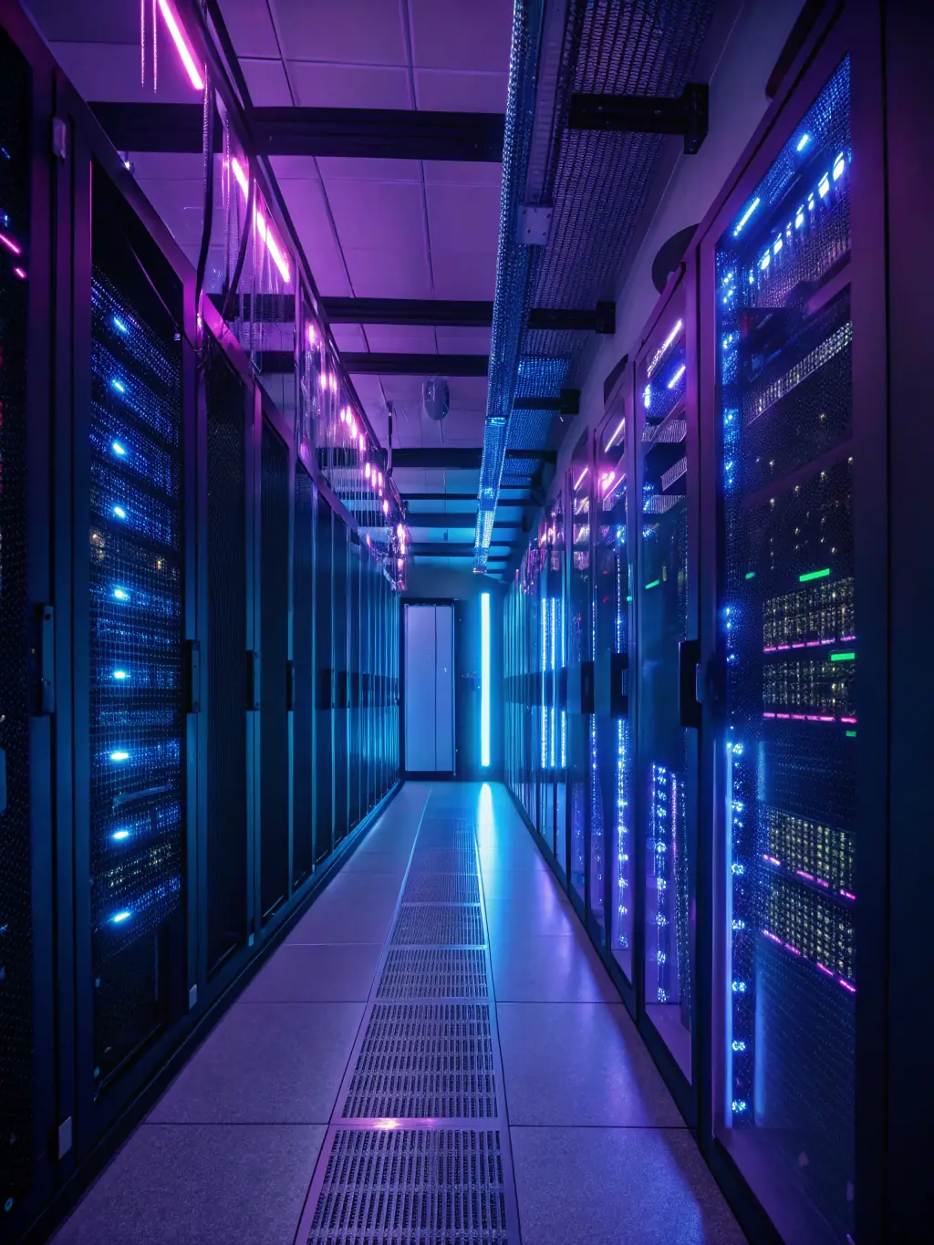 A high-tech server room filled with blinking lights and spinning hard drives, symbolizing the advanced data collection infrastructure of Tehas us.